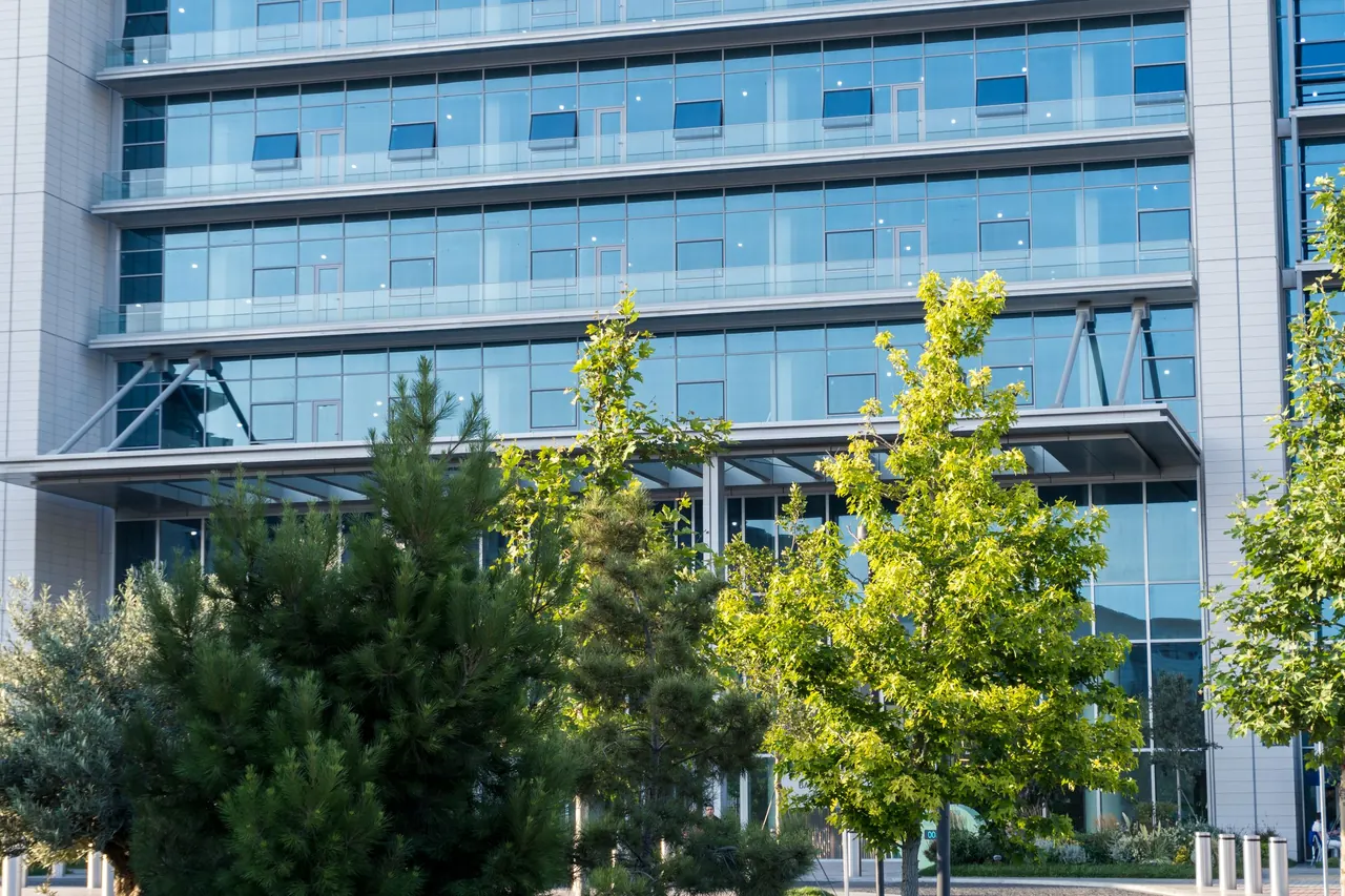 A modern glass office building behind young trees and a lawn on a bright summer day.