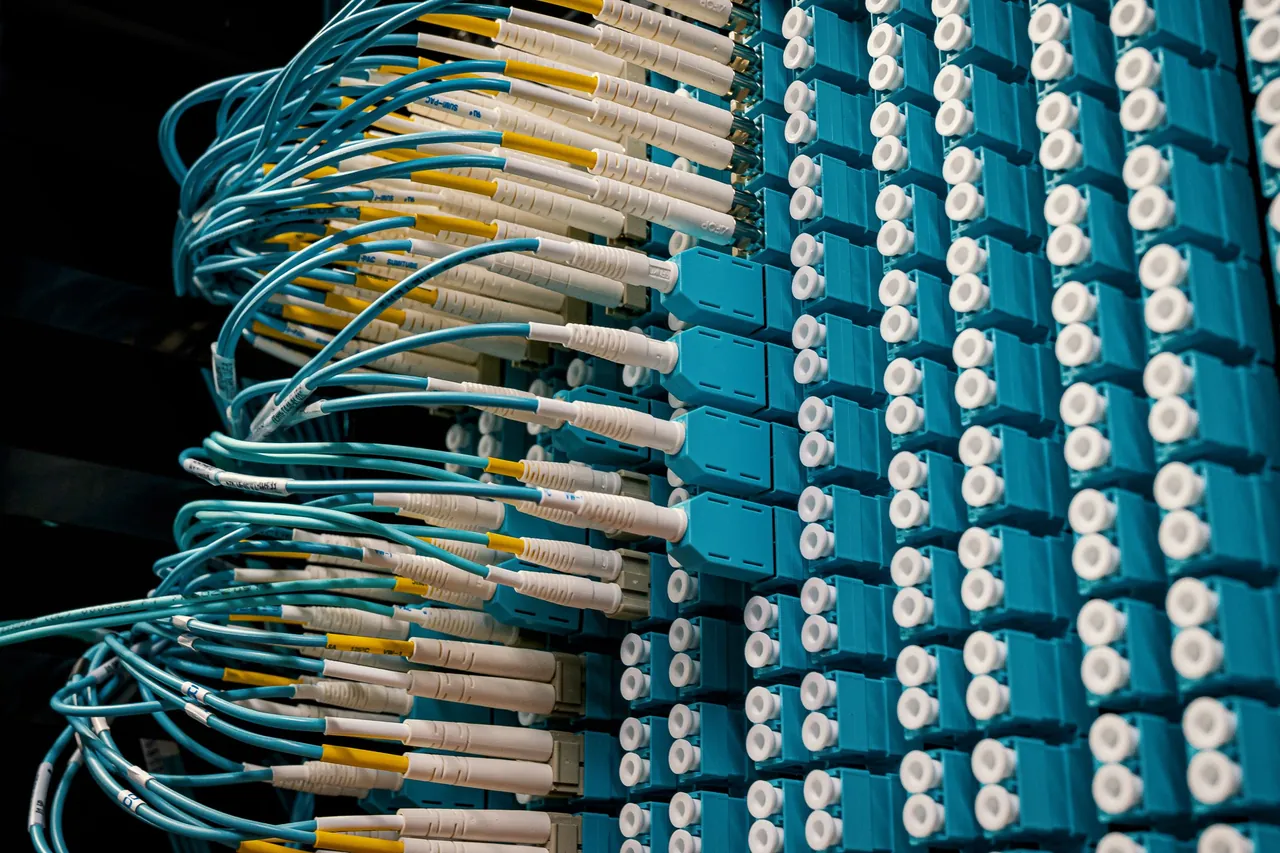 Fiber patch cables plugged into the rows of ports on a patch panel in a network room.