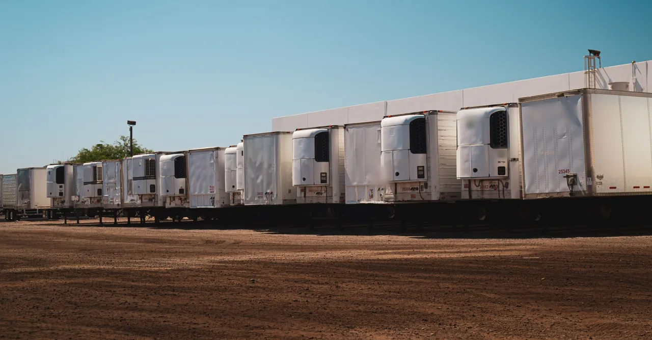 A long row of white refrigerated trailers parked against a warehouse under a clear blue sky, a dirt yard in front.