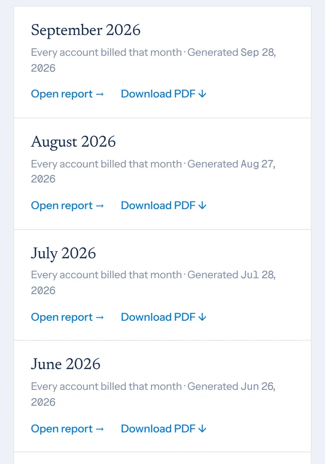 Bills and reports in the client portal on a sample account: the analyst's monthly reviews, each with a link to open it or download the PDF.