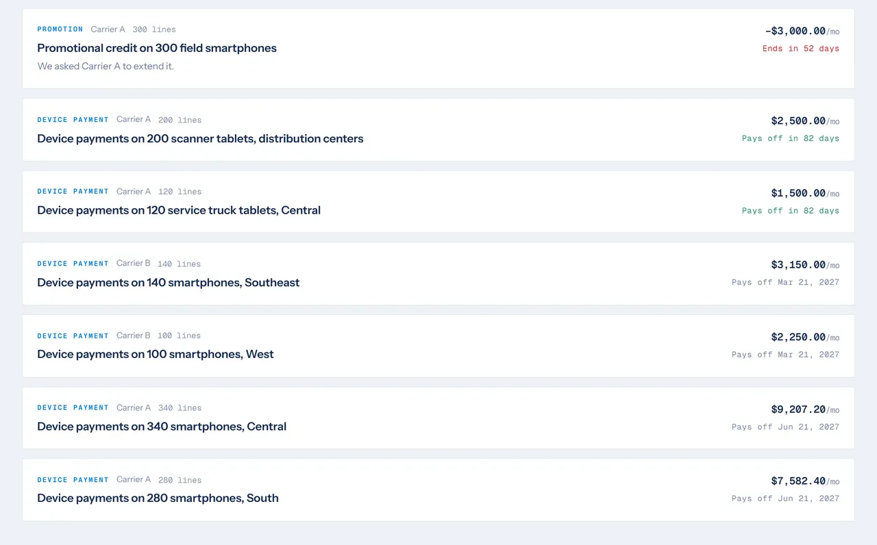 The Contracts screen on a sample account, listing promotions and device payments with their end dates.